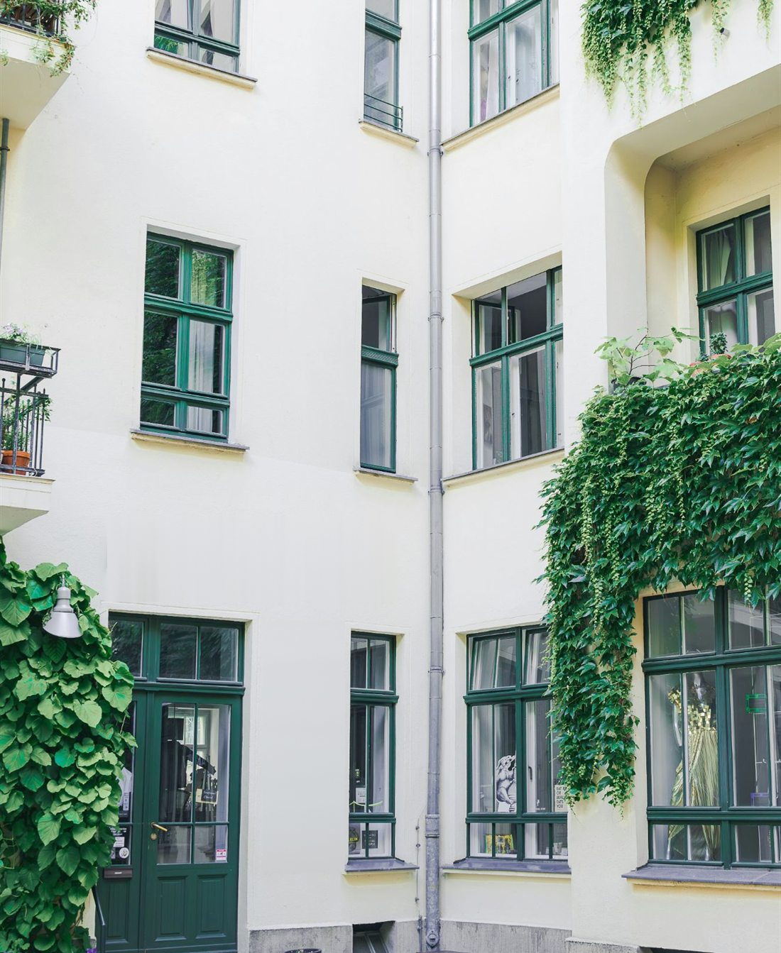 Altbau-Innenhof mit grünen Fensterrahmen, Efeu und Eingangstür