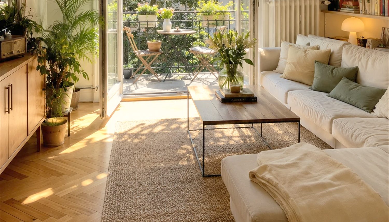 Sonniges Wohnzimmer im Altbau mit Parkett, Sofa und offener Balkontür