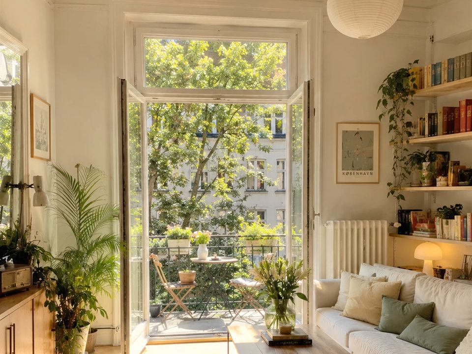 Sonniger Altbau mit geöffneter Balkontür und grünem Baum im Innenhof