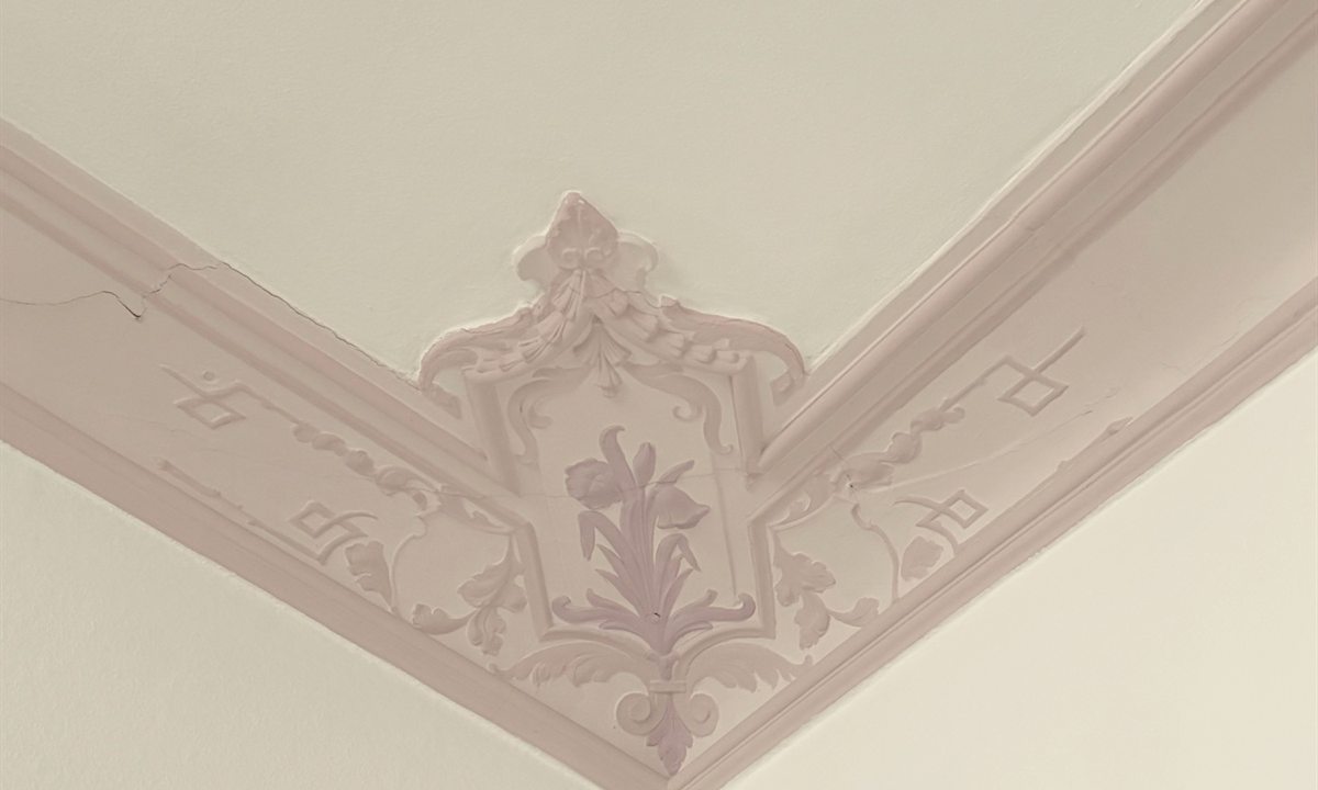Stuckecke mit Blumenornament an einer Altbaudecke